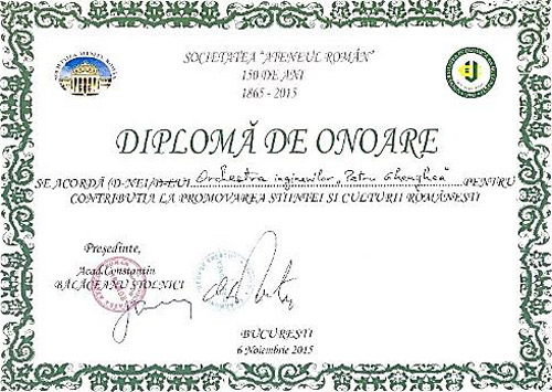 Diplomă de onoare acordată Orchestrei Inginerilor